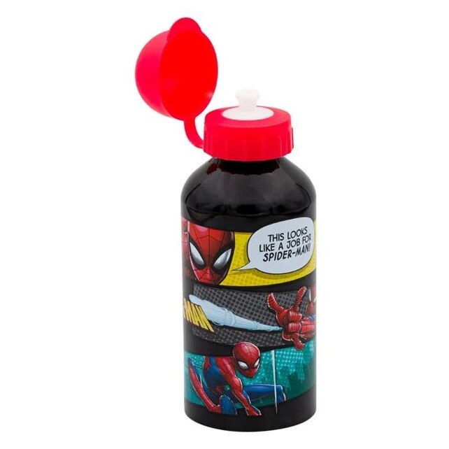 Sticla de apa, Zola®, pentru copii, din aluminiu, neagra cu model Spiderman, 500 ml