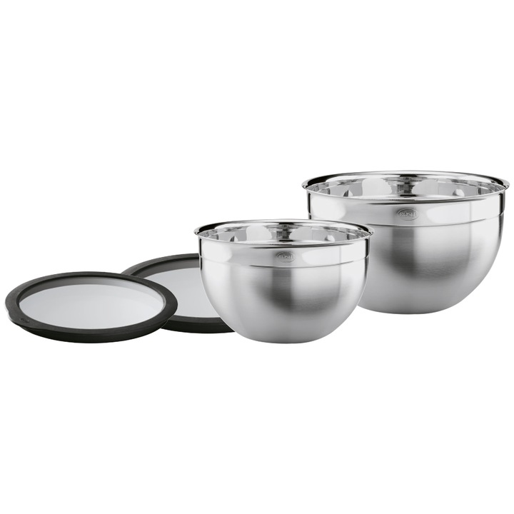 Set de 2 boluri, Rösle, 20 si 24 cm, capac de sticla cu silicon, inchidere etansa, otel inoxidabil, usor de curatat, inox