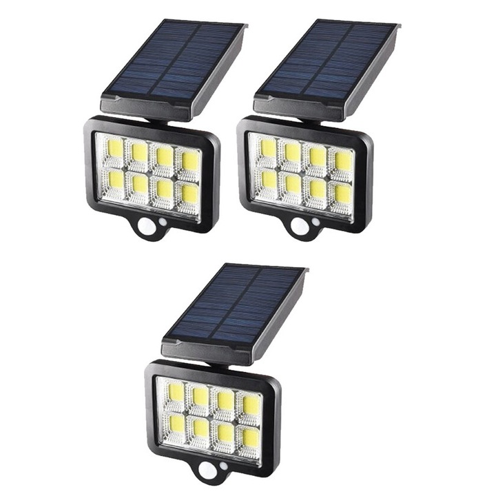 3 db napelemes lámpa szett, 128 x COB LED, mozgás-/fény-/éjszakai érzékelő, BE/KI gomb, 360°-os forgatás, távirányítóval YT-140 K KATHODE