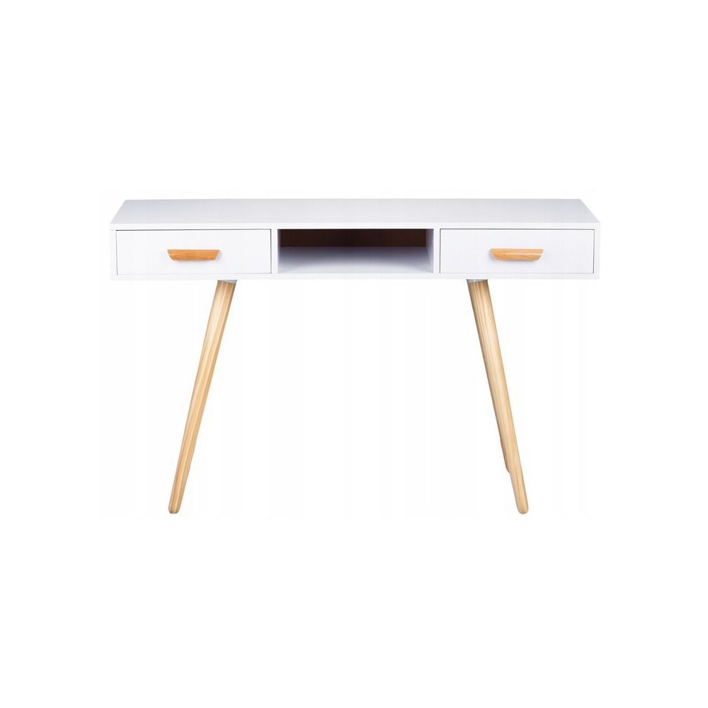Masa Bigshot BS038WN tip Birou, Picioare din Lemn Nature, Blat Laminat, 2 Sertare si o Nisa, Marime 120 x 45 x 75 cm, Alb