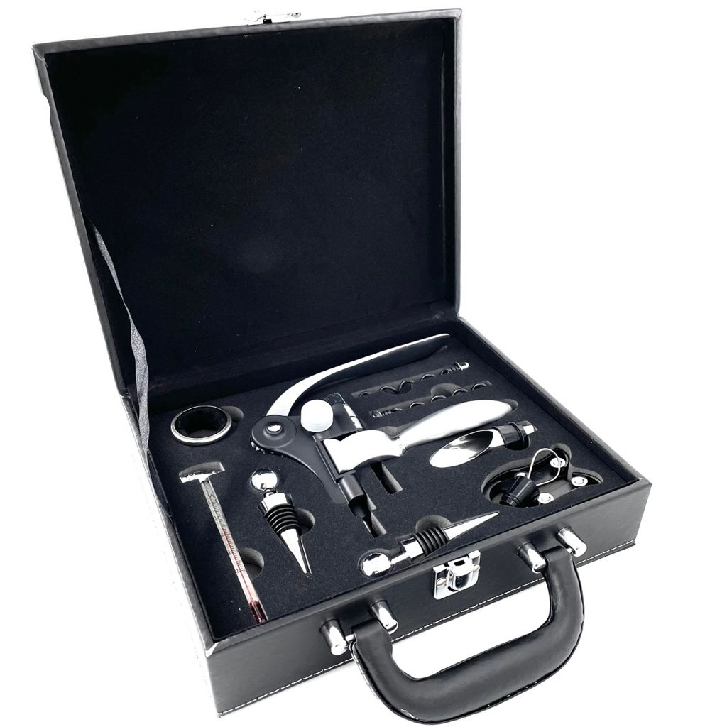 Set elegant cu accesorii de vin profesionale, 10 piese, neagra, Black Wine