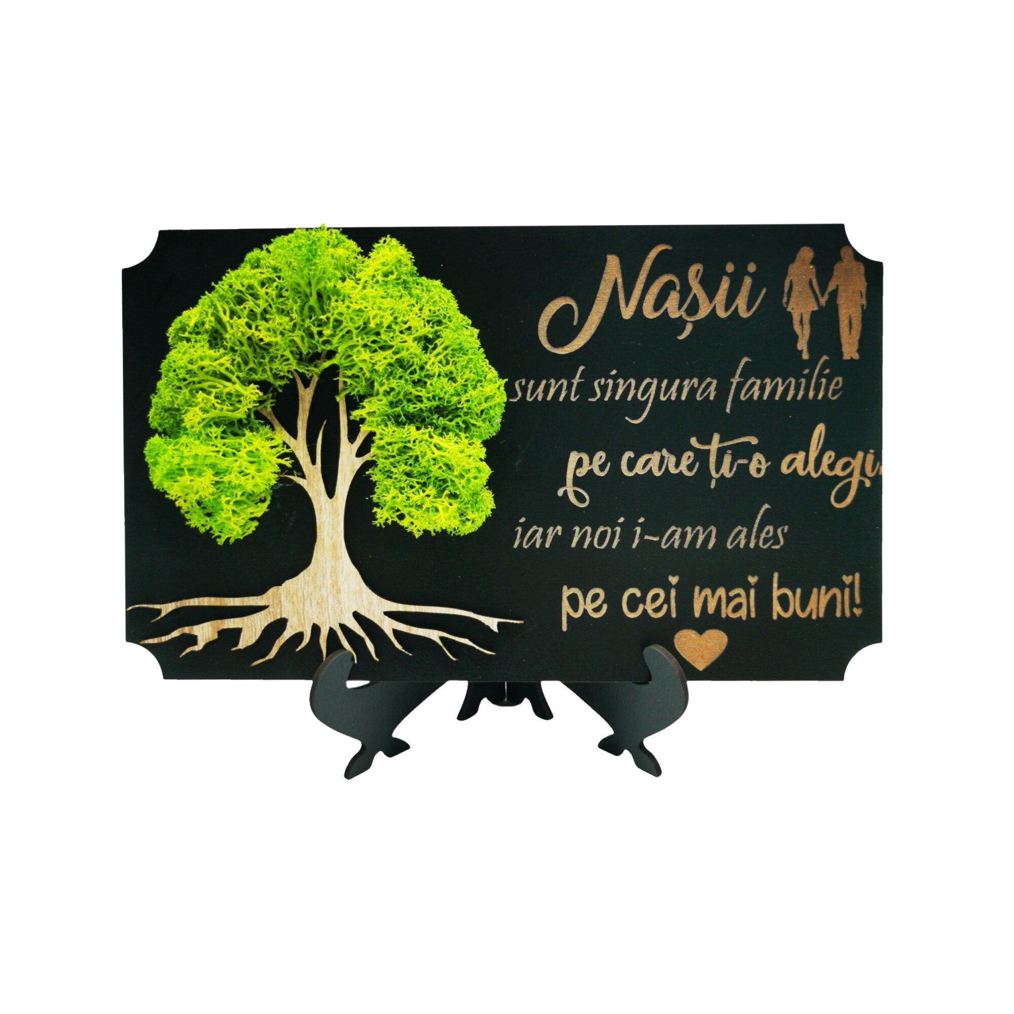Tablou cu licheni gravat cu mesaj pentru nasi, Lemn negru, Model 3