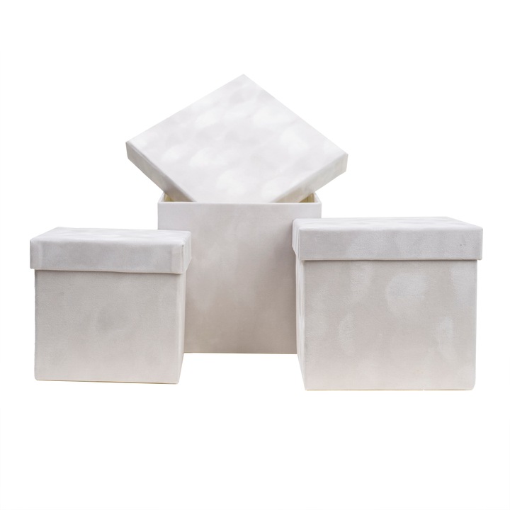 Комплект от 3 квадратни кадифени кутии, бели / CD 4381-WHITE