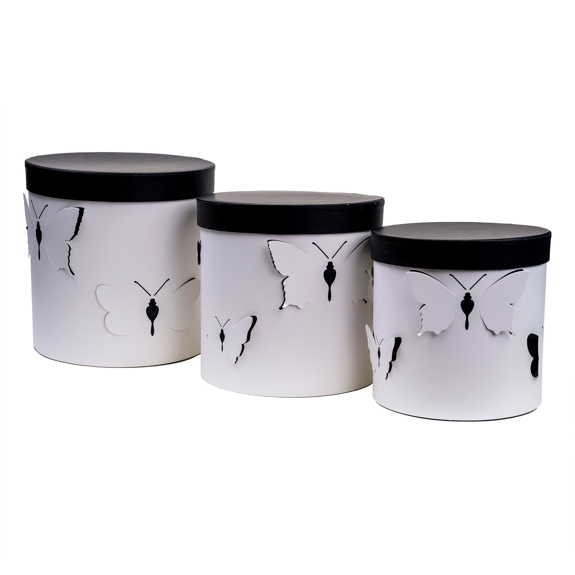 Set 3 cutii cu forma cilindrica si model de fluturasi, alb / CD 4385-ALB