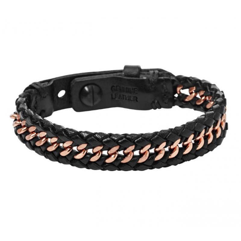Bratara Fossil JF01678791, Otel inoxidabil/Piele, Negru/Rose GOld