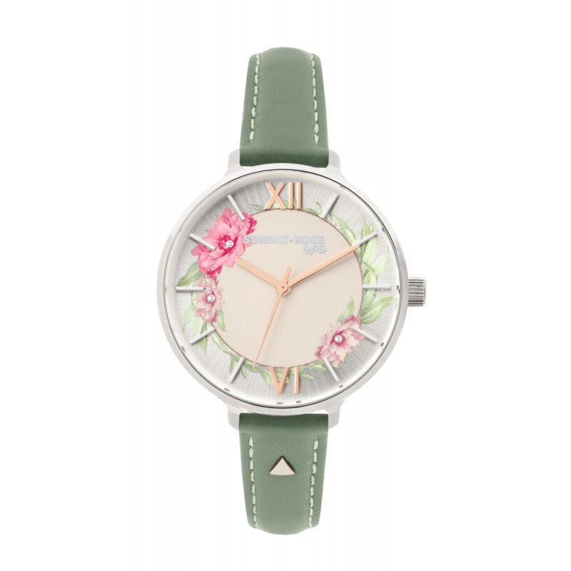 Ceas de dama JVD Sunday Rose Spirit Blush, Curea din Piele, Verde