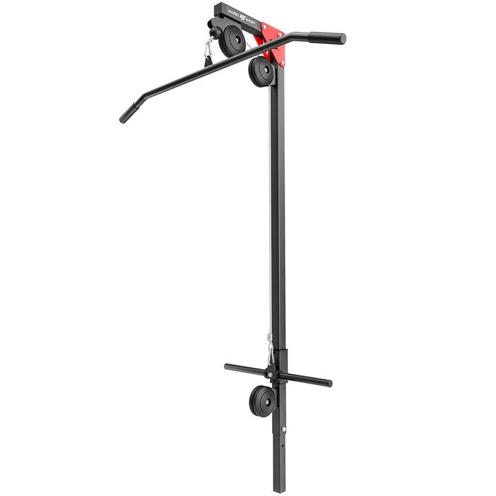 Aparat de fitness, Marbo Sport, MH-W104 2.0, Atasament pentru scripete, Capacitate de incarcare 140 kg, Otel, 51x34x176 cm, Bara 106 cm, Bare de greutate 2x21 cm (Ø25 mm), Cabluri de otel, Negru / Rosu