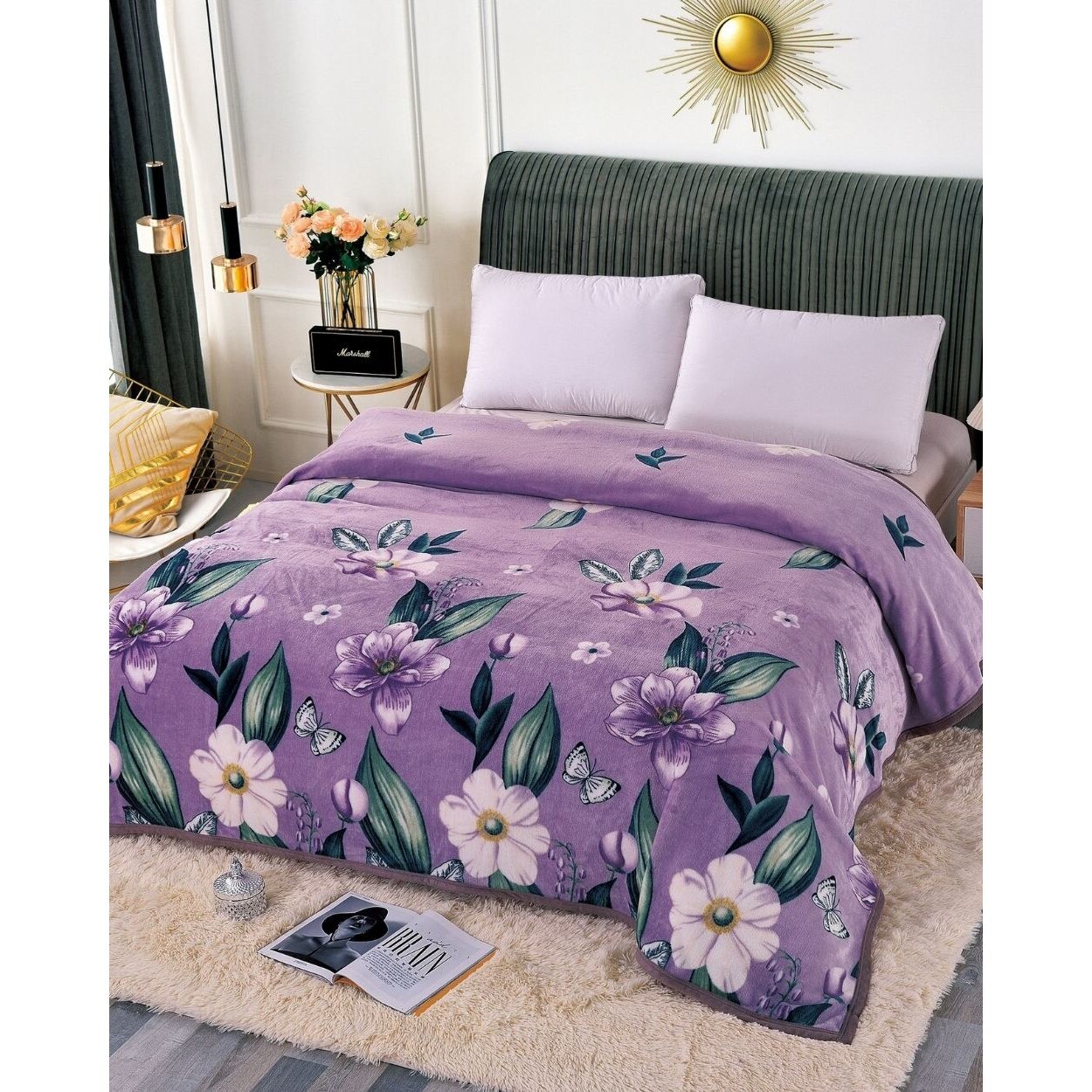 Patura Cocolino Simpla cu Bordura, 200 x 230 cm, Flori Violet, PJ-06