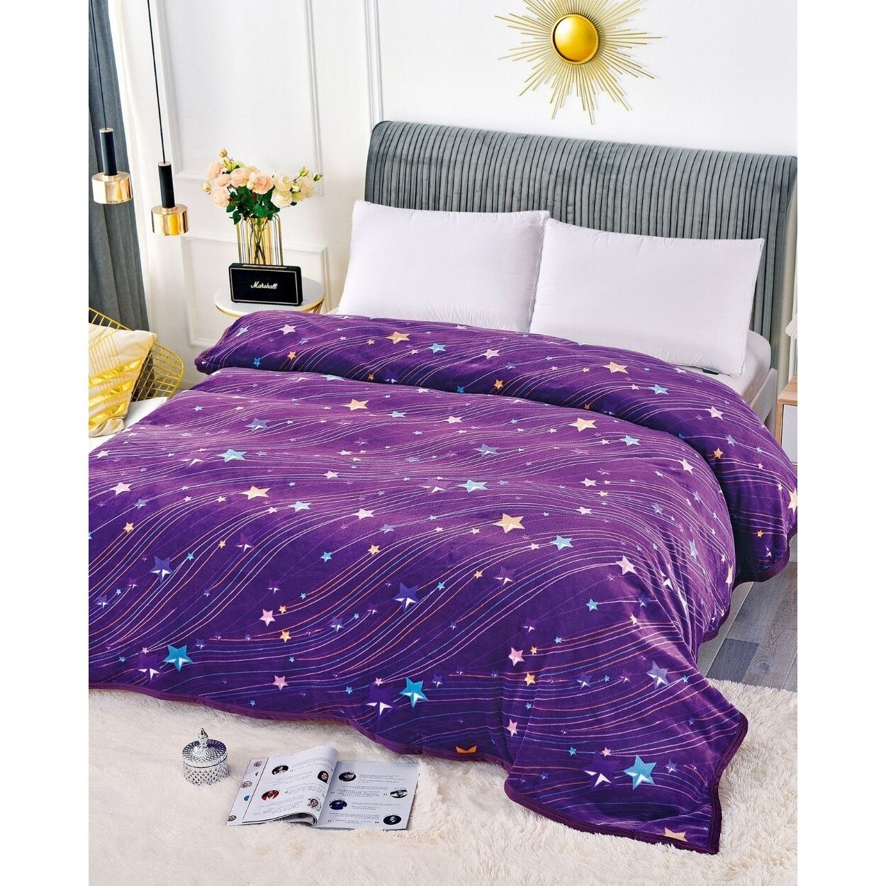 Patura Cocolino Simpla cu Bordura, 200 x 230 cm, Purple Stars, PJ-13