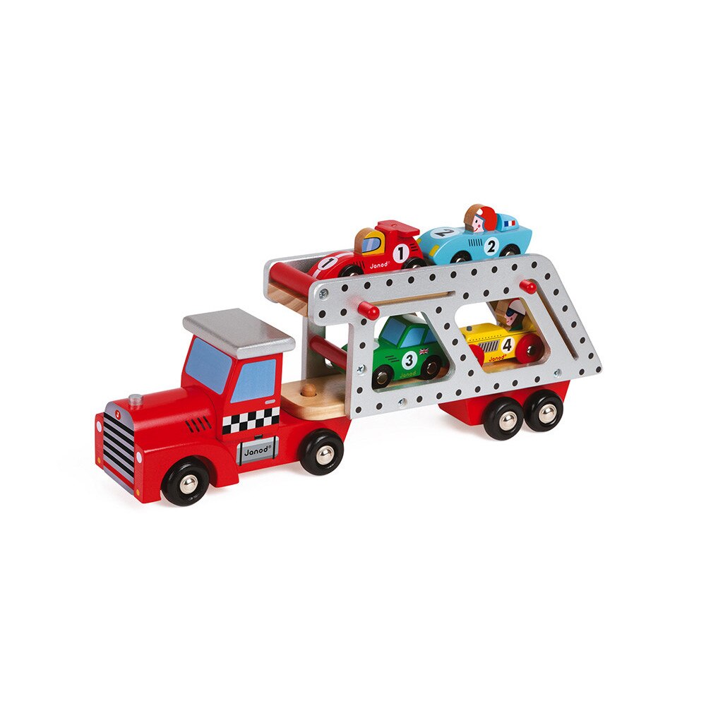 Camion transportor, Janod, din lemn, cu 4 masinute
