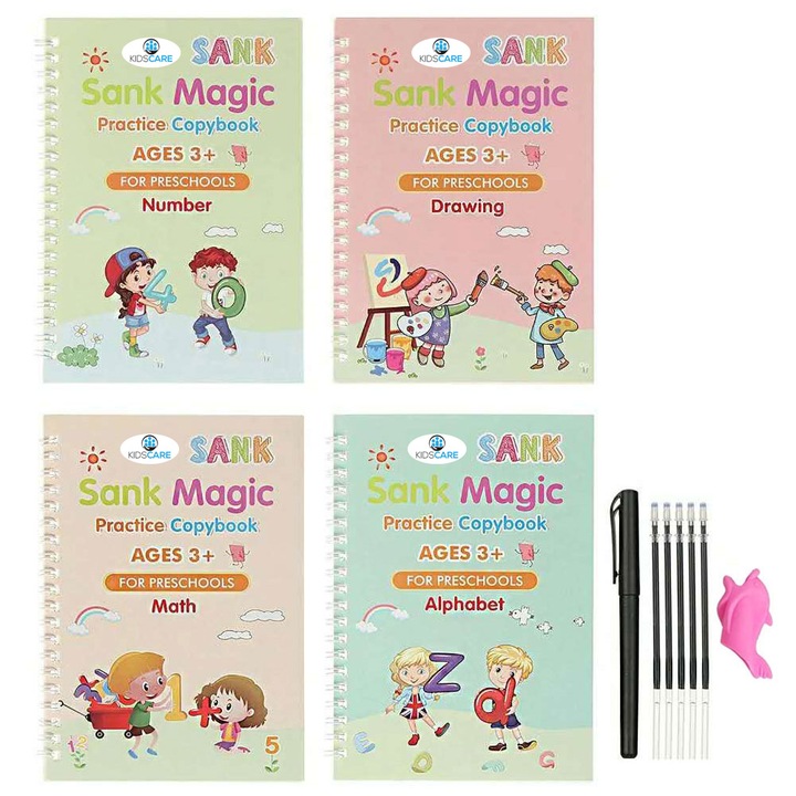 Set cu 4 caiete de lucru si stilou magic pentru scris si desenat Sank Magic, rechizite scolare, multicolor, 19 cm X 13 cm, trainer Roz KidsCare