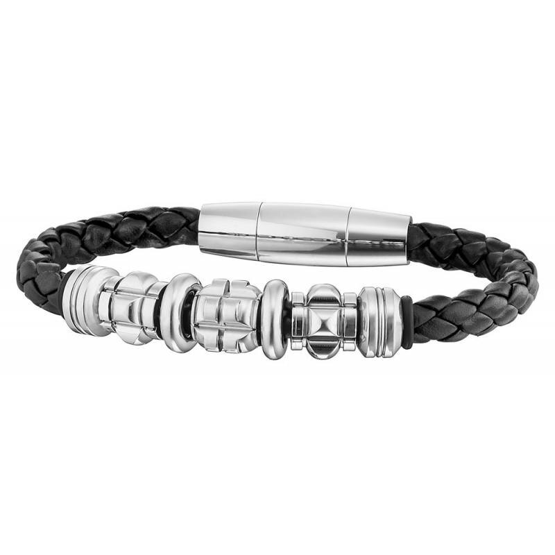 Bratara Police Grinder PJ25881BLB / 01-L, Otel/Piele, Negru/Argintiu