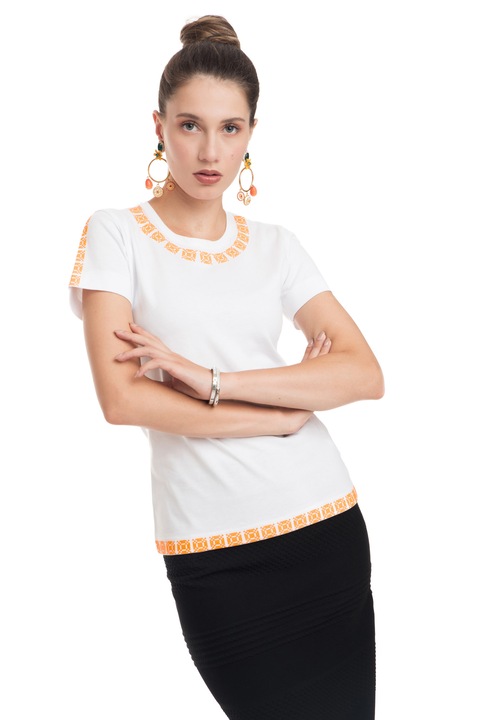 Tricou The Dresser, bumbac 100%, alb, broderie, portocaliu neon