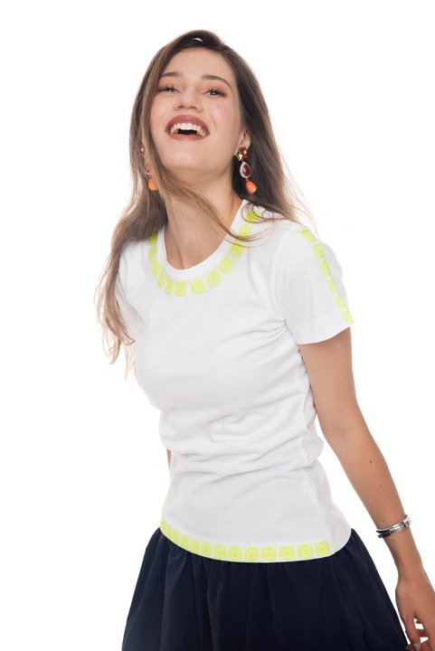 Tricou The Dresser, bumbac 100%, alb, broderie galben neon