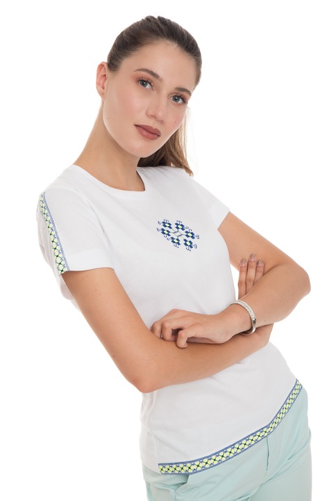 Tricou The Dresser, bumbac alb, broderie, galben neon si albastru electric