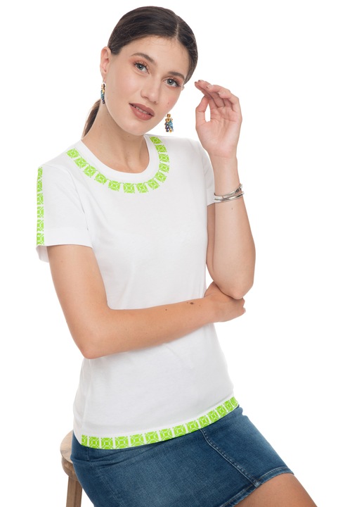 Tricou The Dresser, bumbac 100%, alb, broderie verde neon