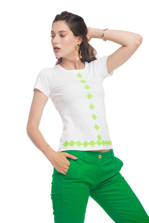 Tricou The Dresser, bumbac organic alb, broderie frontala, verde neon