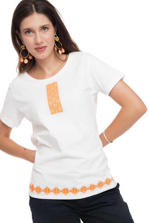 Tricou The Dresser, bumbac organic alb, broderie frontala drepunghiulara, portocaliu neon