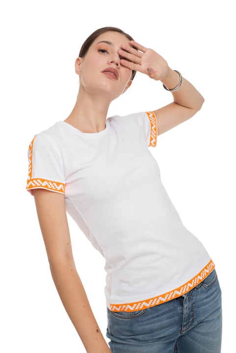 Tricou The Dresser, bumbac alb, broderie, portocaliu neon