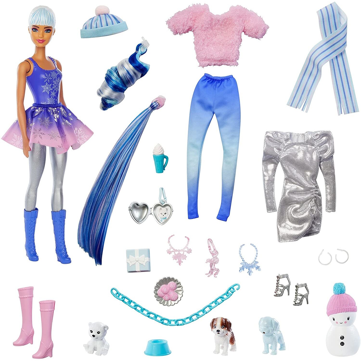 Papusa Barbie, Winter calendar reveal, cu 25 accesorii si animalut surpriza, 3 ani+