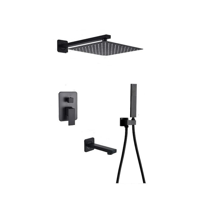 Set de dus Negru, AquaSpa, 3 Functii, Palarie de dus 40 CM, Teava de dus pentru perete cu montaj sub tencuiala, Fixa