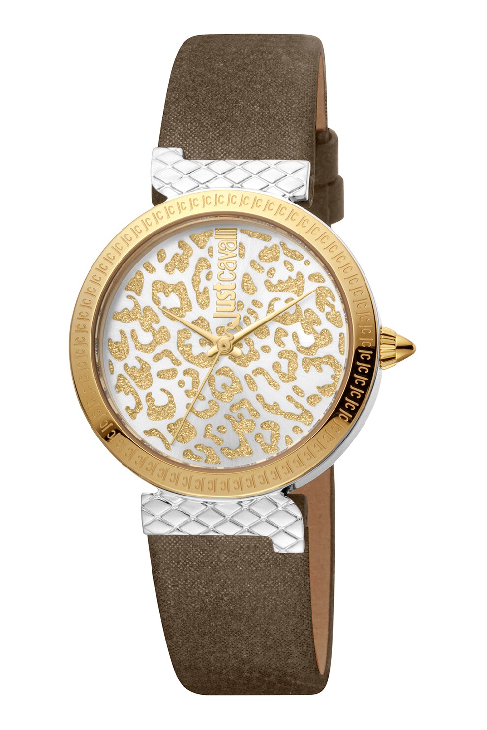 JUST CAVALLI, Ceas cu o curea de piele, Maro/Argintiu/Auriu