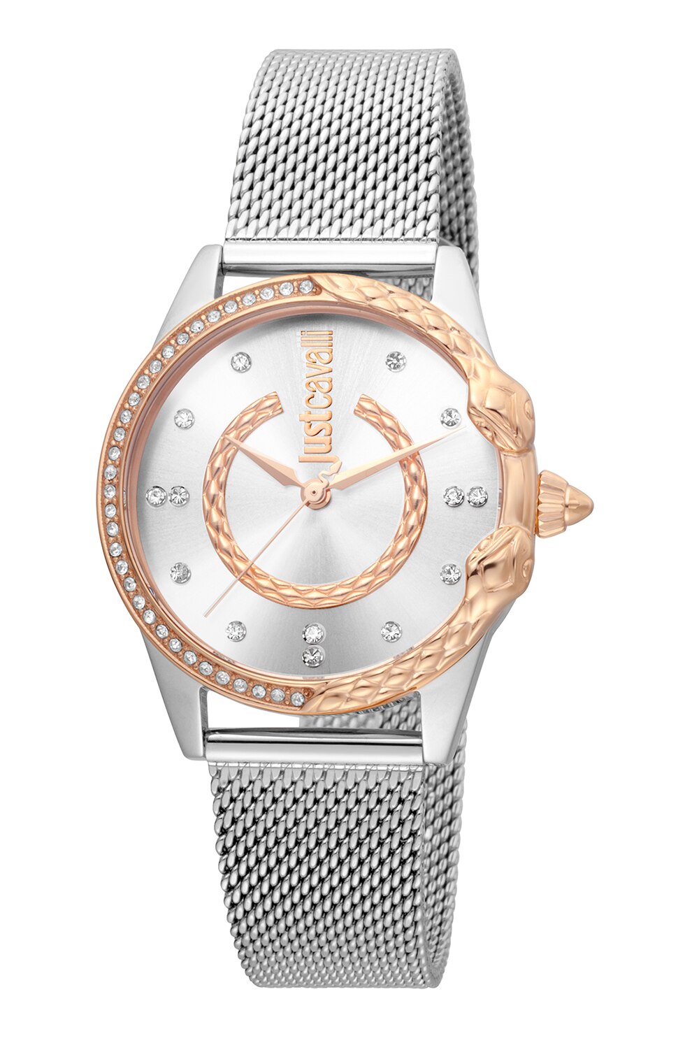 JUST CAVALLI, Ceas din otel inoxidabil decorat cu zirconia, Argintiu/Auriu rose