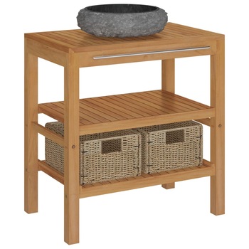 Set masuta de toaleta si chiuveta rotunda din marmura si 2 cosuri impletite, vidaXL, Lemn de tec, 74 x 45 x 75 cm, Maro/Negru Set masuta de toaleta si chiuveta rotunda din marmura si 2 cosuri impletite, vidaXL, Lemn de tec, 74 x 45 x 75 cm, Maro/Negru