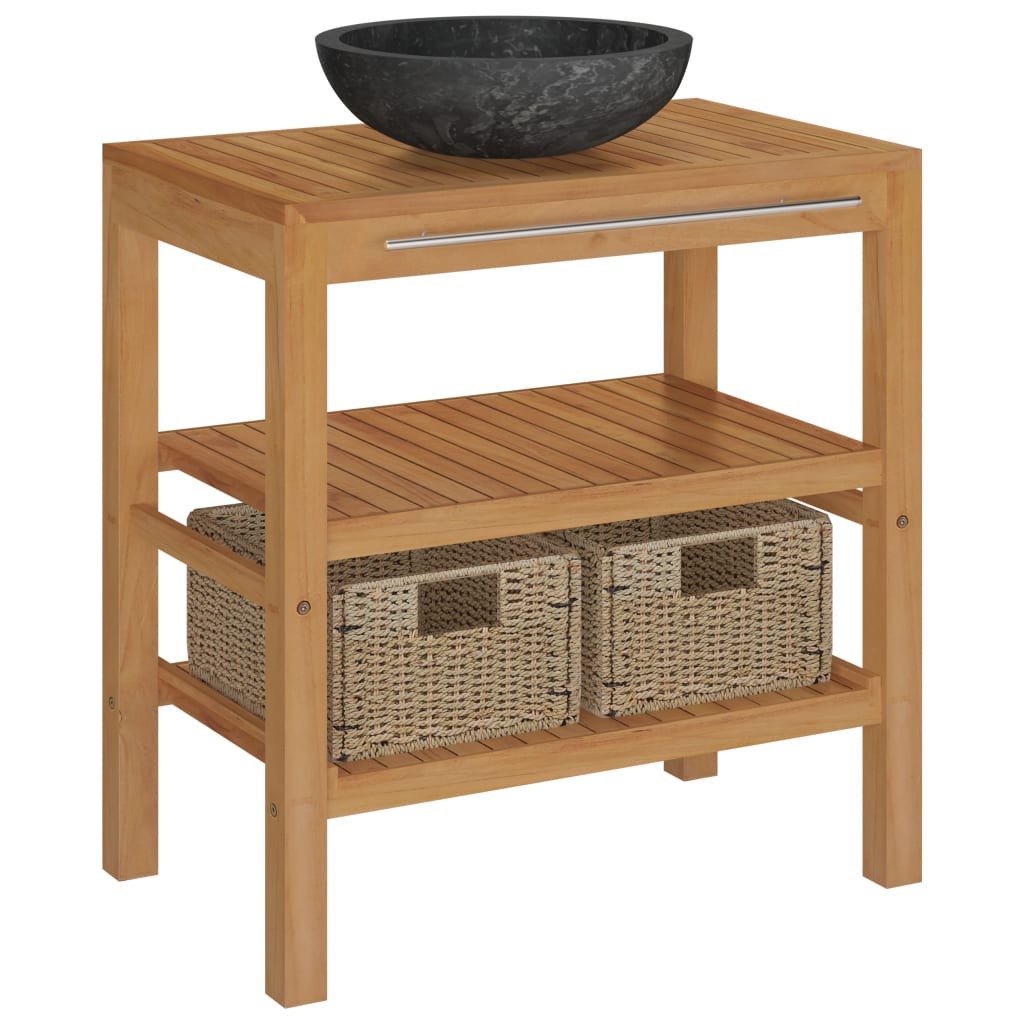 Set masuta de toaleta si chiuveta rotunda marmura si 2 cosuri impletite, vidaXL, Lemn de tec, 74 x 45 x 75 cm, Maro/Negru