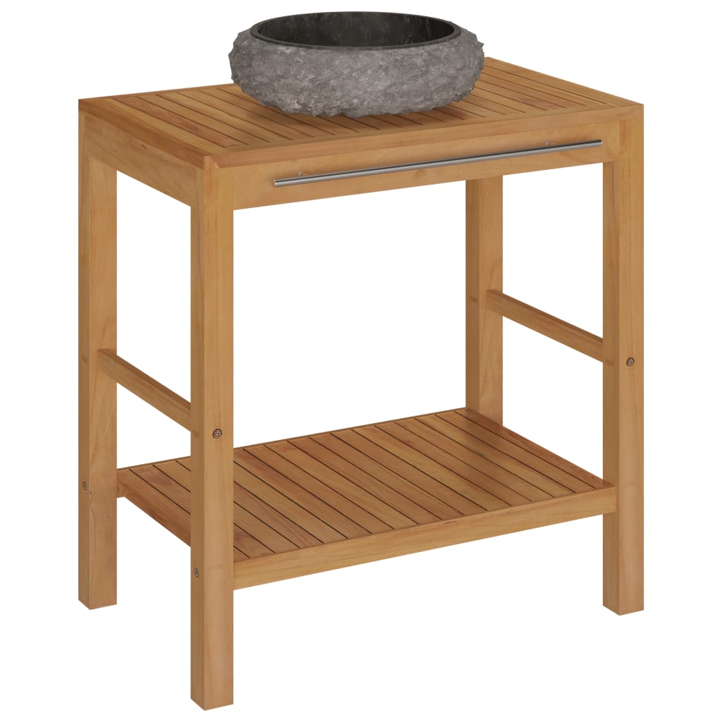 Set masuta de toaleta si chiuveta din marmura, vidaXL, Lemn de tec, 74 x 45 x 75 cm, Maro/Negru