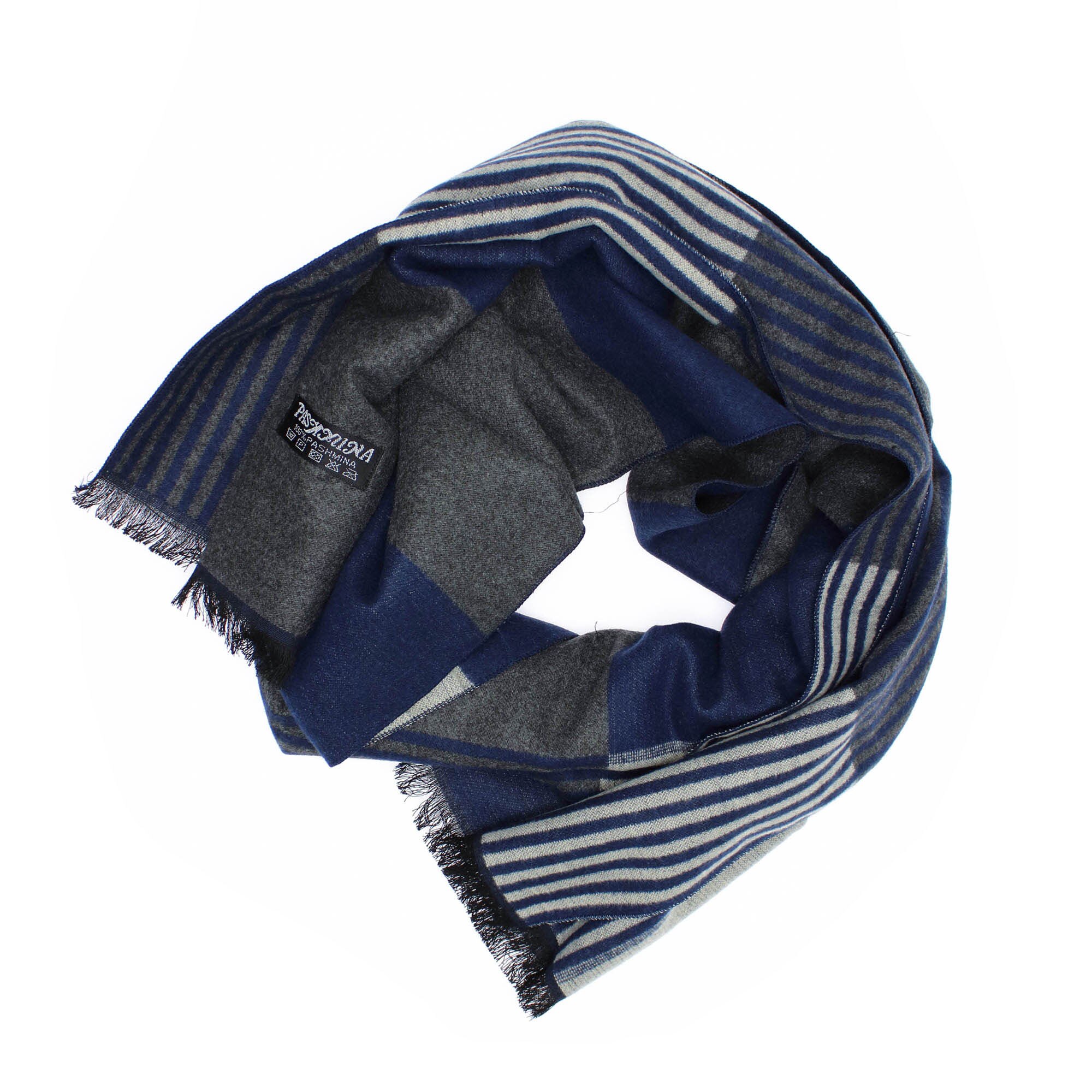 Esarfa barbati, din 100% casmir / pashmina, Gri cu dungi bleumarin, 30 x 188 cm - ES716