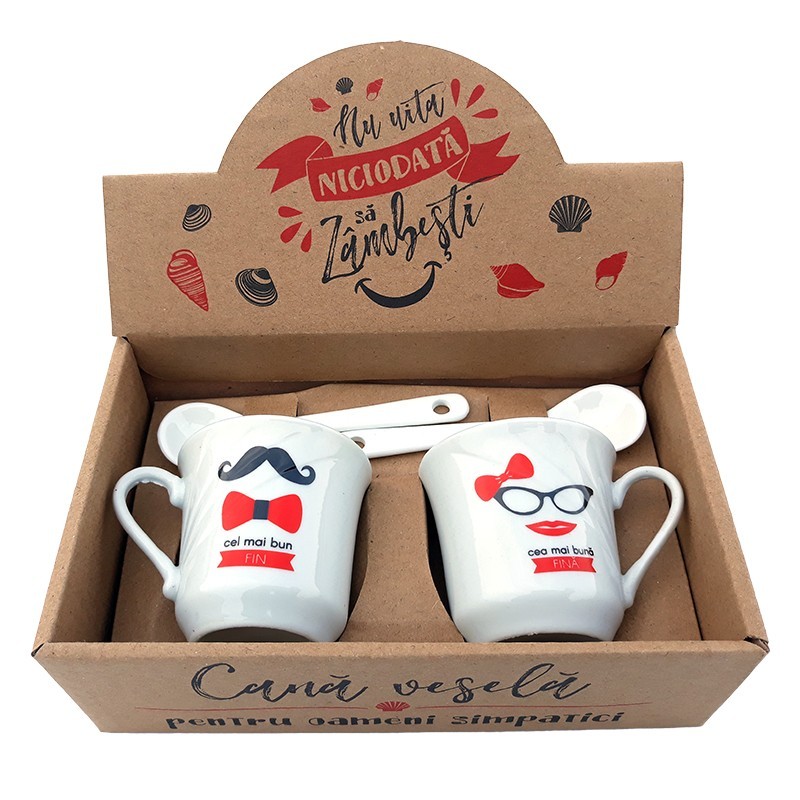Set format din 2 cesti din ceramica cu lingurite, cu dedicatii pentru fin/ fina, 100 ml