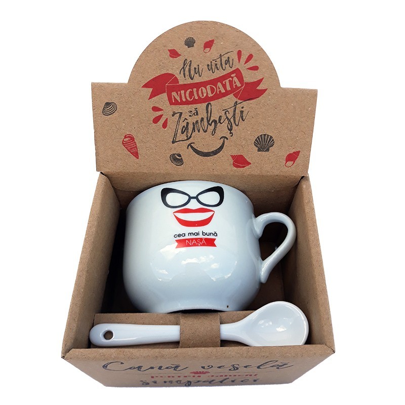 Cana din ceramica cu lingurita cu dedicatie pentru nasa, 150 ml