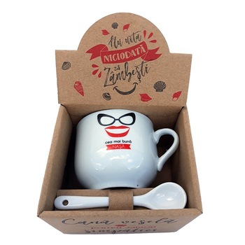 Cana din ceramica cu lingurita cu dedicatie pentru nasa, 150 ml Cana din ceramica cu lingurita cu dedicatie pentru nasa, 150 ml