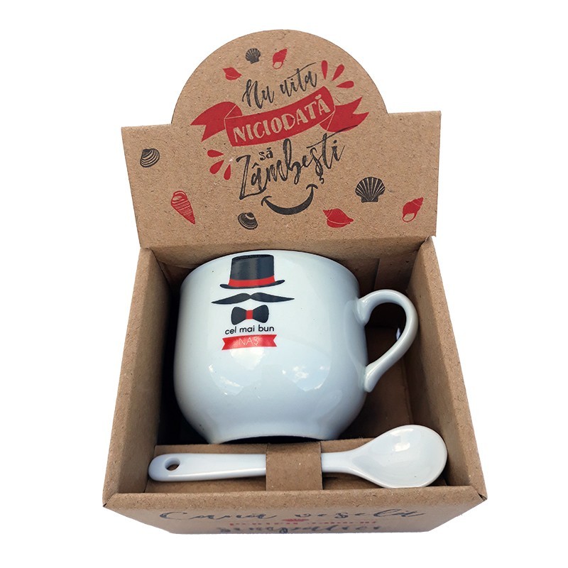 Cana din ceramica cu lingurita cu dedicatie pentru nas, 150 ml