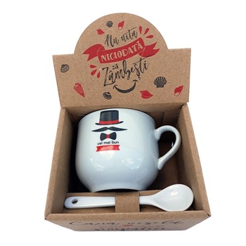 Cana din ceramica cu lingurita cu dedicatie pentru nas, 150 ml Cana din ceramica cu lingurita cu dedicatie pentru nas, 150 ml