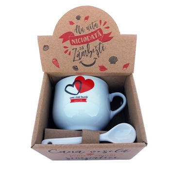 Cana din ceramica cu lingurita cu dedicatie pentru sotie, 150 ml Cana din ceramica cu lingurita cu dedicatie pentru sotie, 150 ml