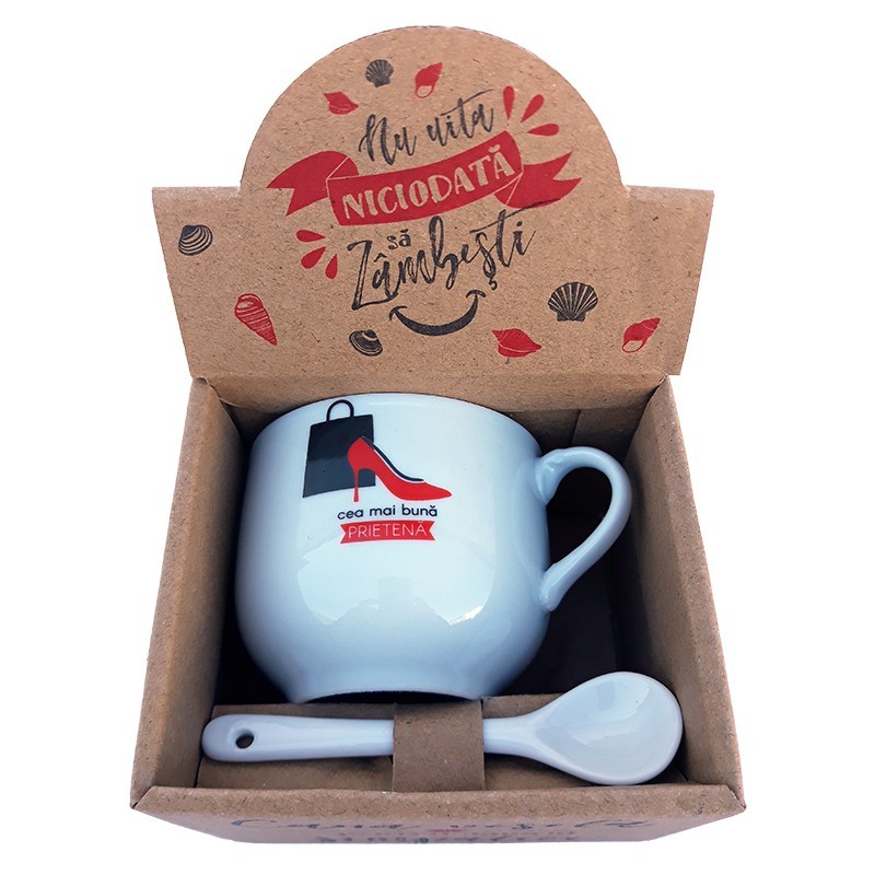 Cana din ceramica cu lingurita cu dedicatie pentru prietena, 150 ml