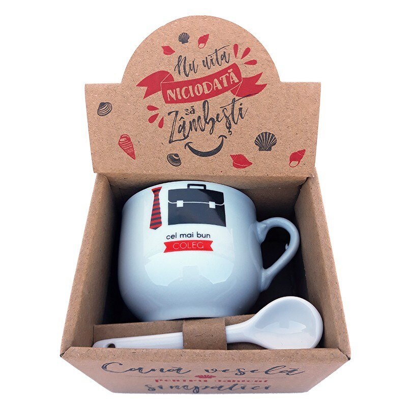 Cana din ceramica cu lingurita cu dedicatie pentru coleg, 150 ml