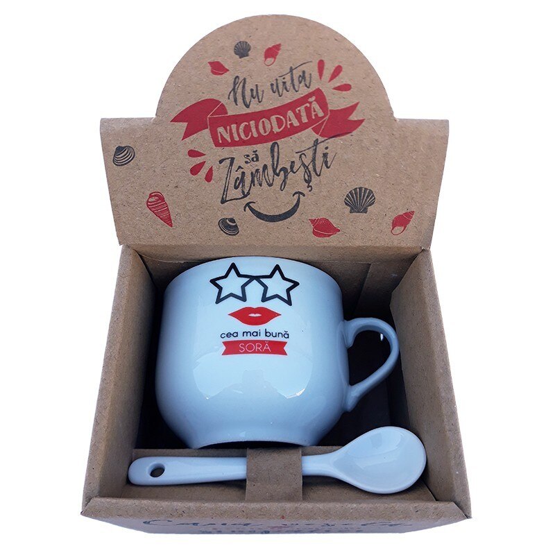 Cana din ceramica cu lingurita cu dedicatie pentru sora, 150 ml