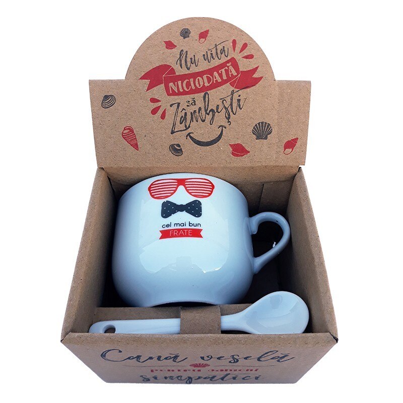 Cana din ceramica cu lingurita cu dedicatie pentru frate, 150 ml