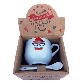 Cana din ceramica cu lingurita cu dedicatie pentru soacra, 150 ml Cana din ceramica cu lingurita cu dedicatie pentru soacra, 150 ml