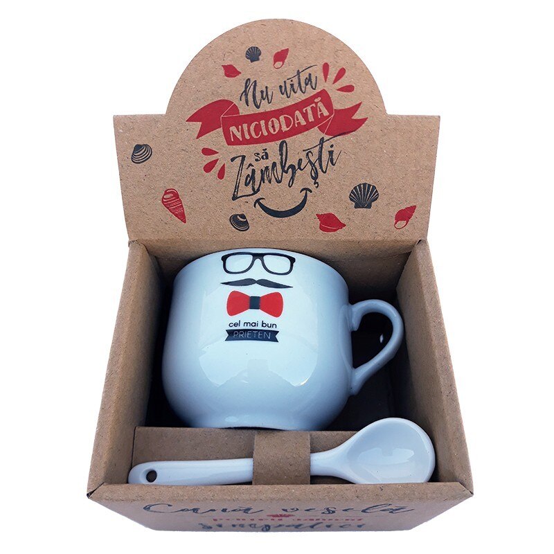 Cana din ceramica cu lingurita cu dedicatie pentru prieten, 150 ml