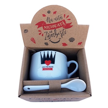 Cana din ceramica cu lingurita cu dedicatie pentru mama, 150 ml Cana din ceramica cu lingurita cu dedicatie pentru mama, 150 ml