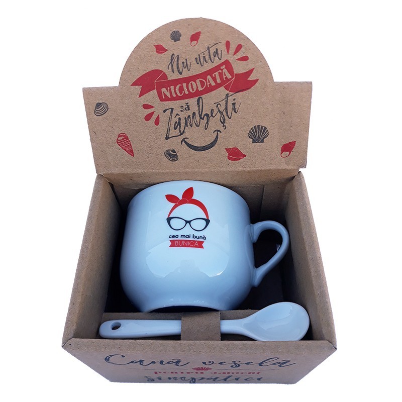 Cana din ceramica cu lingurita cu dedicatie pentru bunica, 150 ml