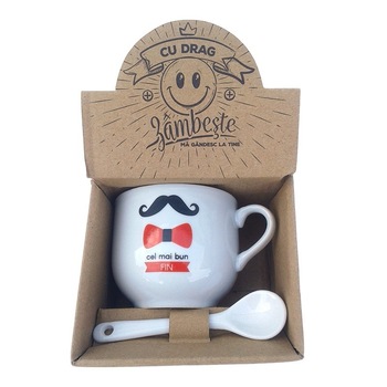 Cana din ceramica cu lingurita, cu dedicatie pentru  Cana din ceramica cu lingurita, cu dedicatie pentru