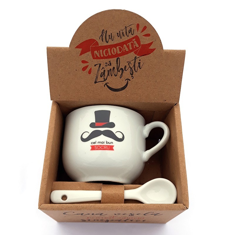 Cana din ceramica cu lingurita, cu joben si ochelari, cu dedicatie pentru socru, 200 ml