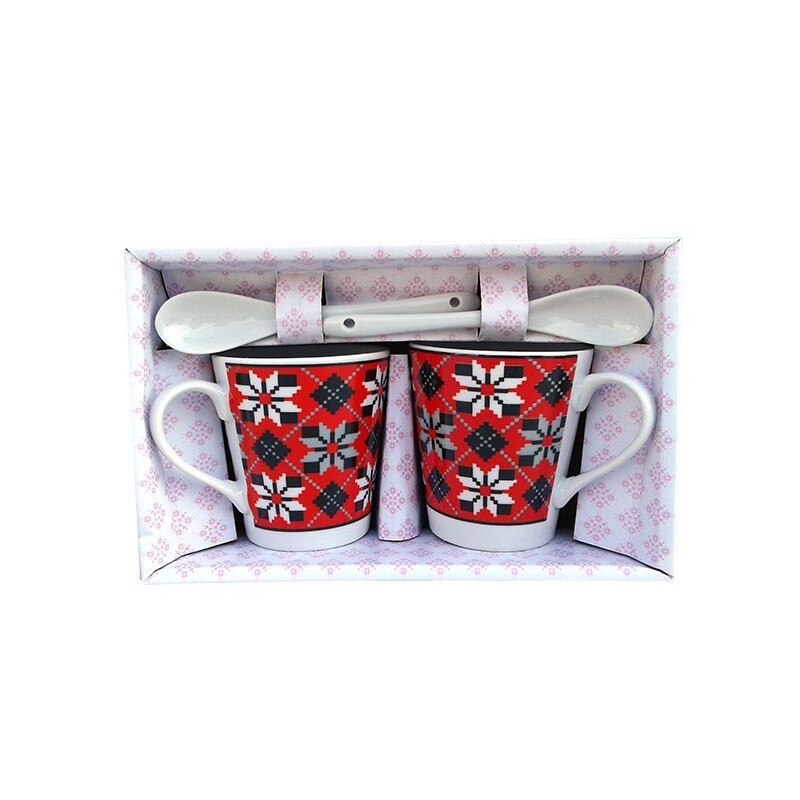 Set format din 2 cani ceramice cu modele populare, cu lingurite,150 ml