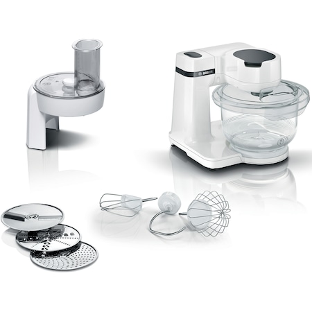Robot de bucatarie Bosch MUMS2TW01, 700 W, 4 trepe de viteza, Bol din tritan de 3.8 l, mixare planetara 3D, Set patiserie, 3 discuri feliere/ razuire, Alb