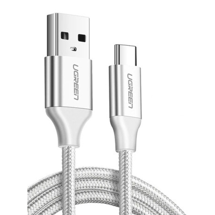 Adatkábel, UGREEN US288, USB-USB-C, Quick Charge 3.0, 3A, Hossz 1,5 m, Fehér, Átviteli sebesség 480 Mb/s, Nylon borítású kábel típusa